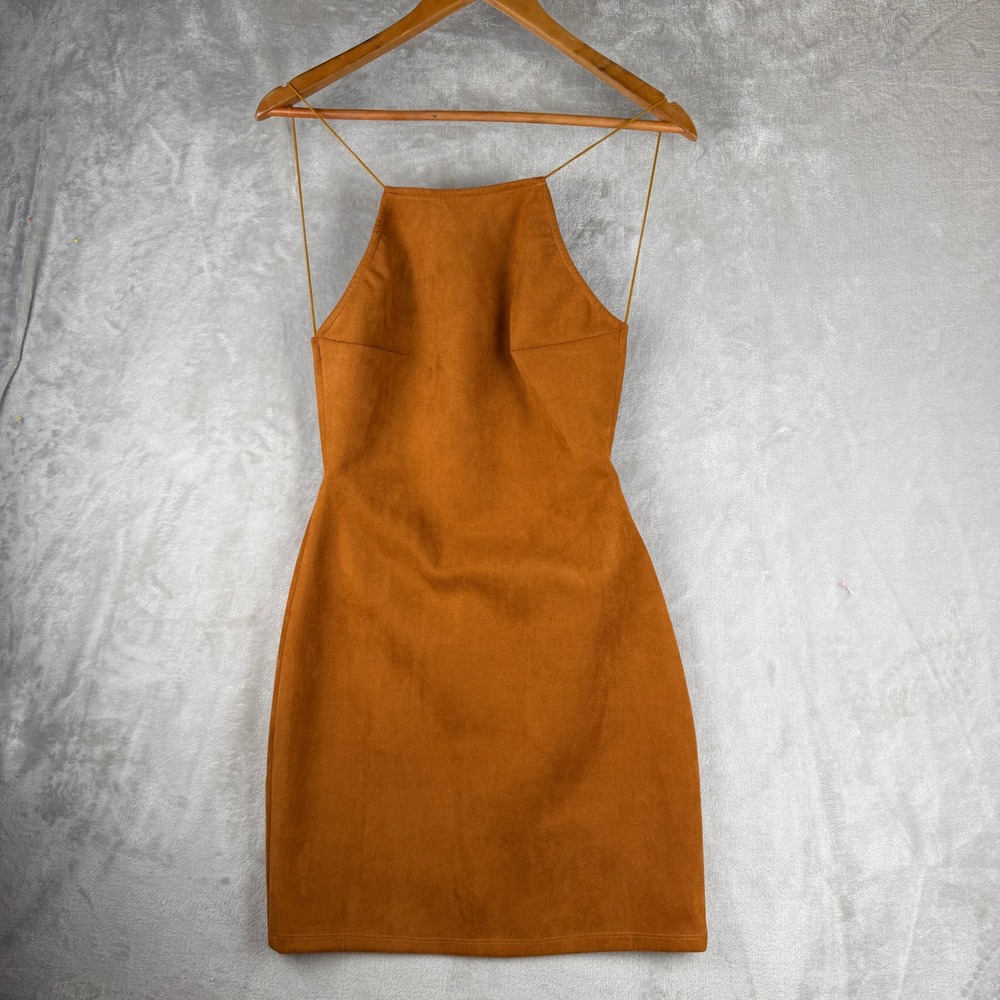 Western Boho indie Sabo Skirt Womens Rust Faux Suede Open Back Halter Mini Dress